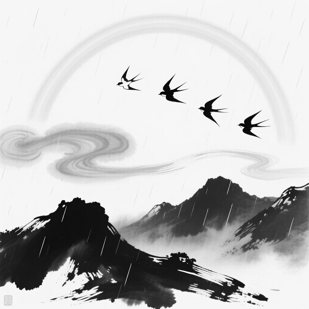 A rainbow arcs across the sky after a passing mountain shower, as birds glide silently through the drifting clouds.