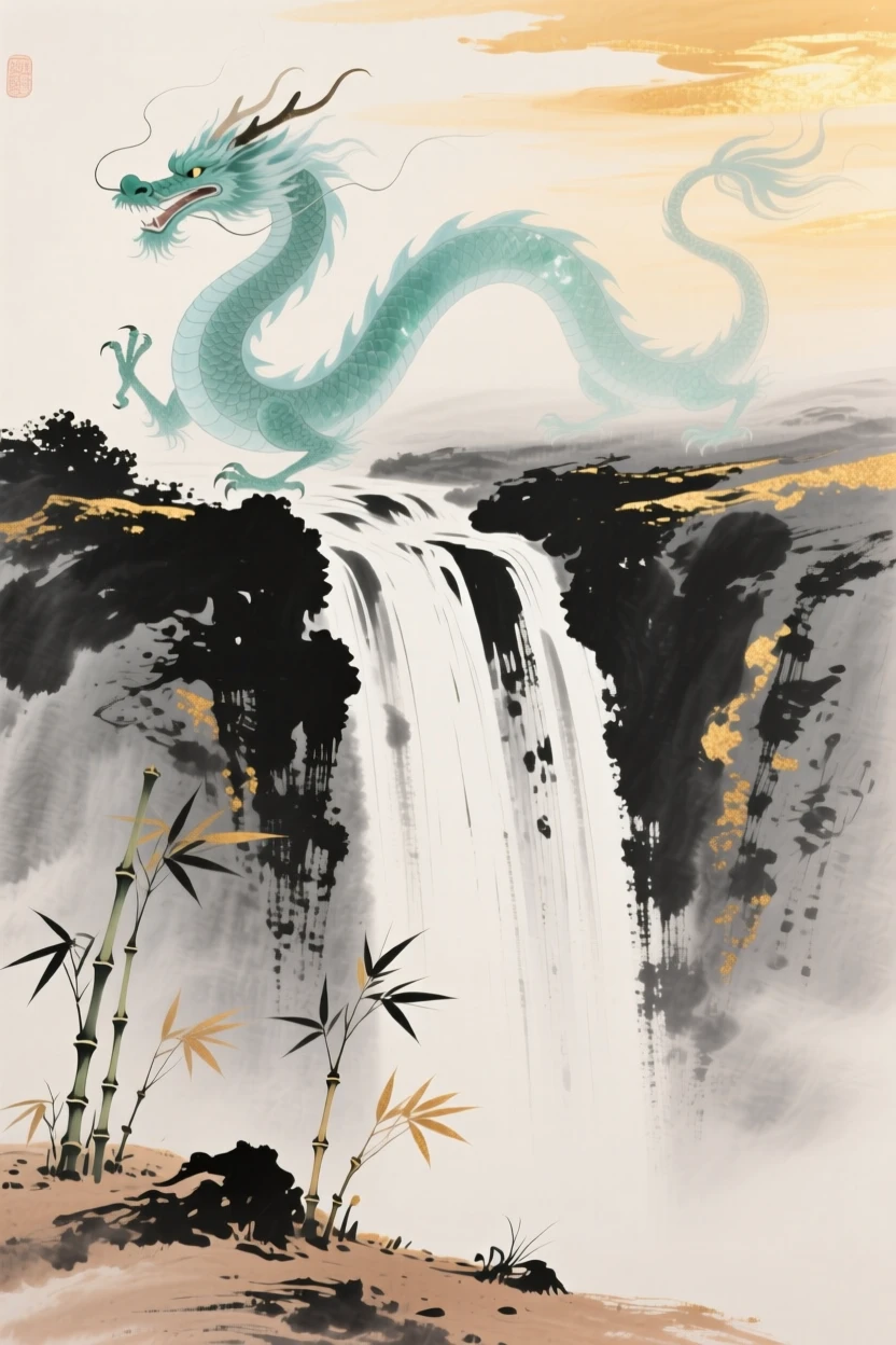 A jade dragon curling above a waterfall that seems to fall from the sky, radiating gentle serenity, in the last golden light of day, as new bamboo shoots break through the soil.