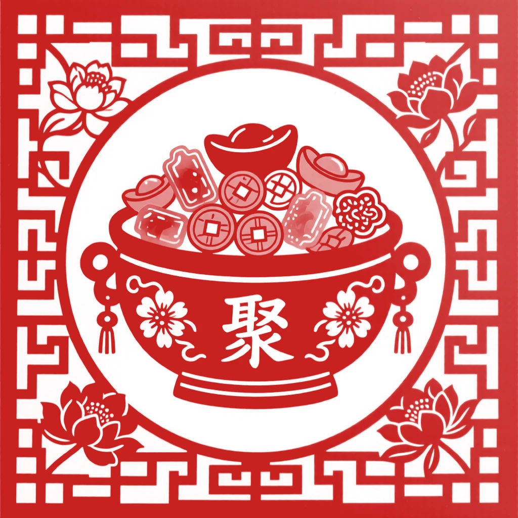 A treasure bowl overflowing with jade, framed by a symmetrical lattice of key-fret patterns, representing harmony between heaven and earth.