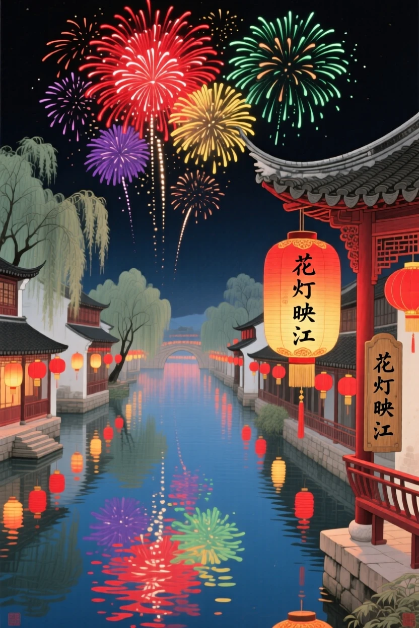 Fireworks bursting over a river lined with red lanterns