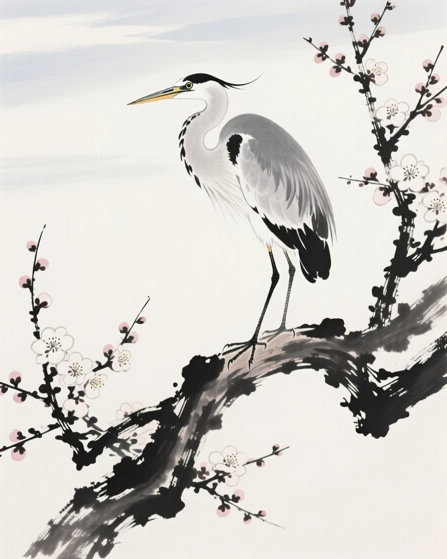 A heron perched together on a curved branch beside a blooming plum tree, framed against a wide expanse of open sky, capturing a fleeting moment of natural beauty.