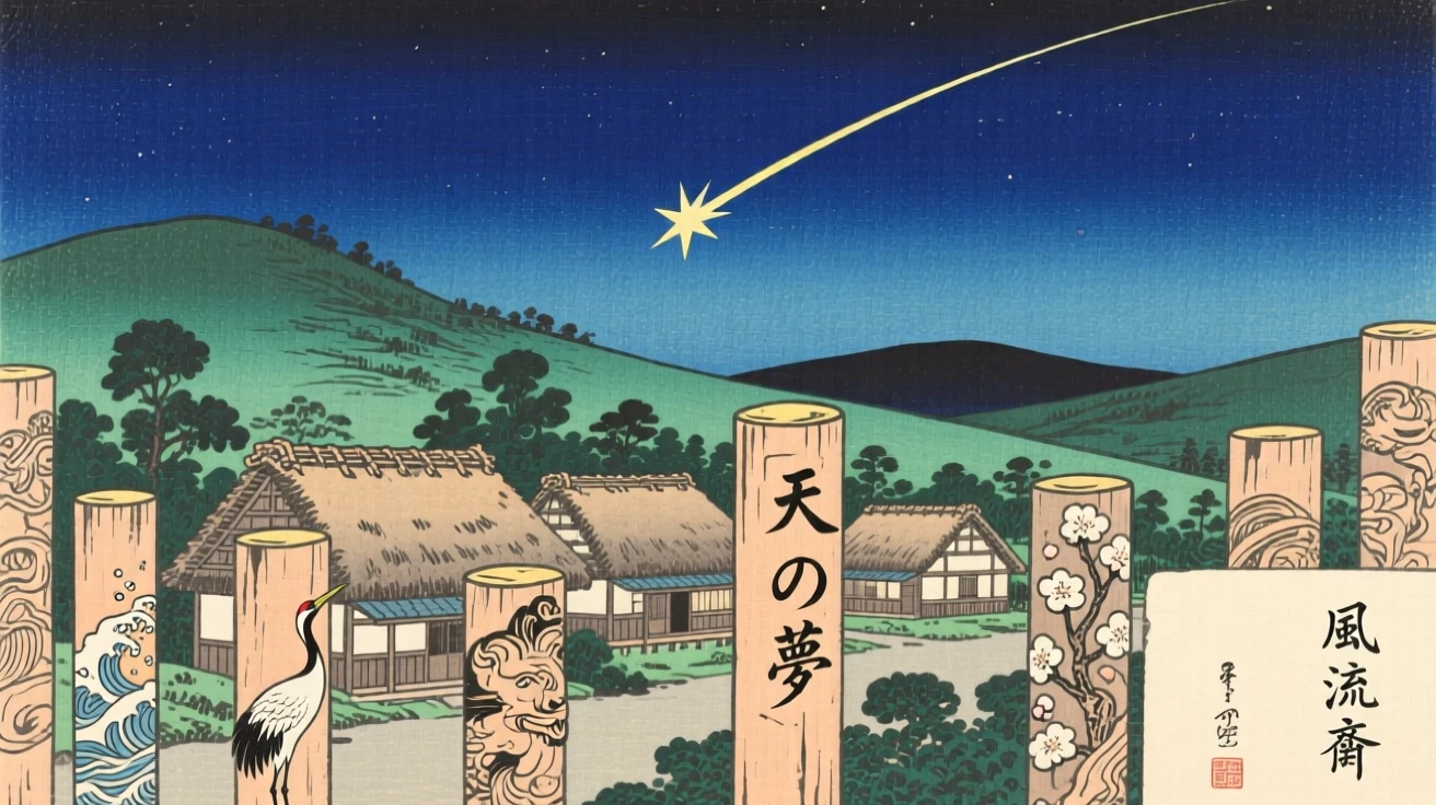 A shooting star streaking above a sleeping village, surrounded by carved wooden pillars.