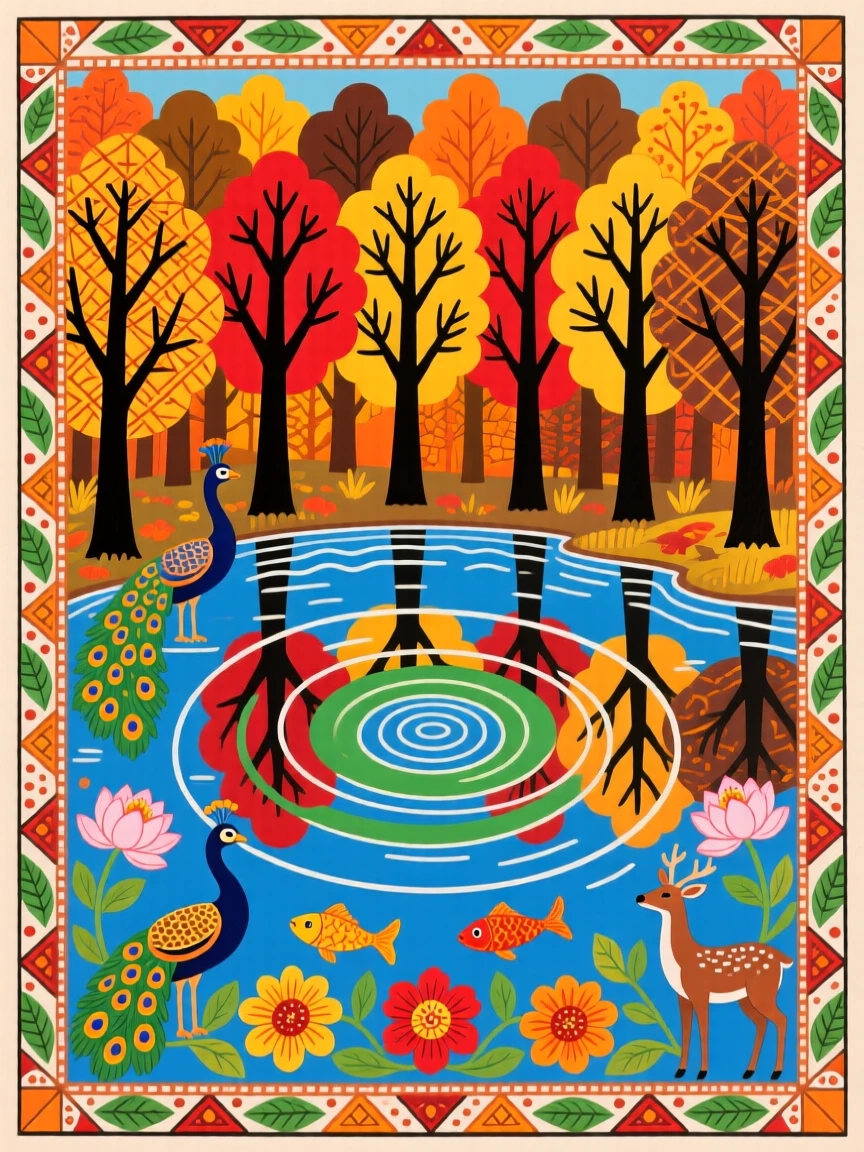 A quiet loch reflecting the colors of an autumn forest.