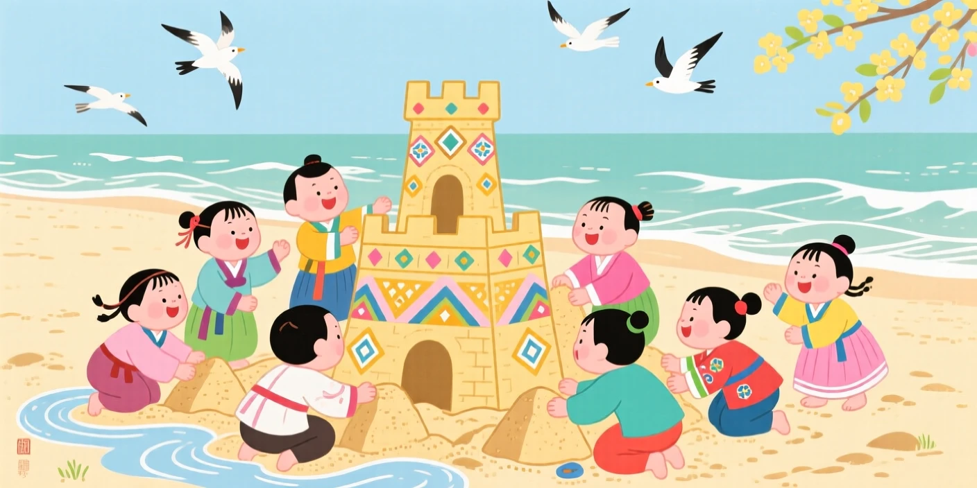A group of children building a sandcastle on a quiet beach on a warm spring afternoon.