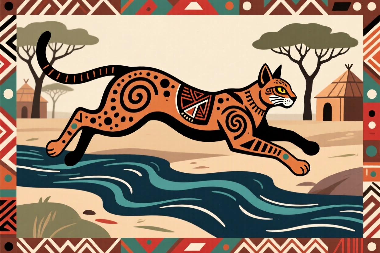 A caracal leaping across a stream.