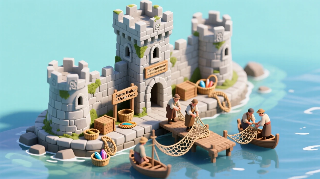 A medieval Croatian coastal fortress with stone ramparts overlooking the Adriatic, fishermen mending nets along the harbor.