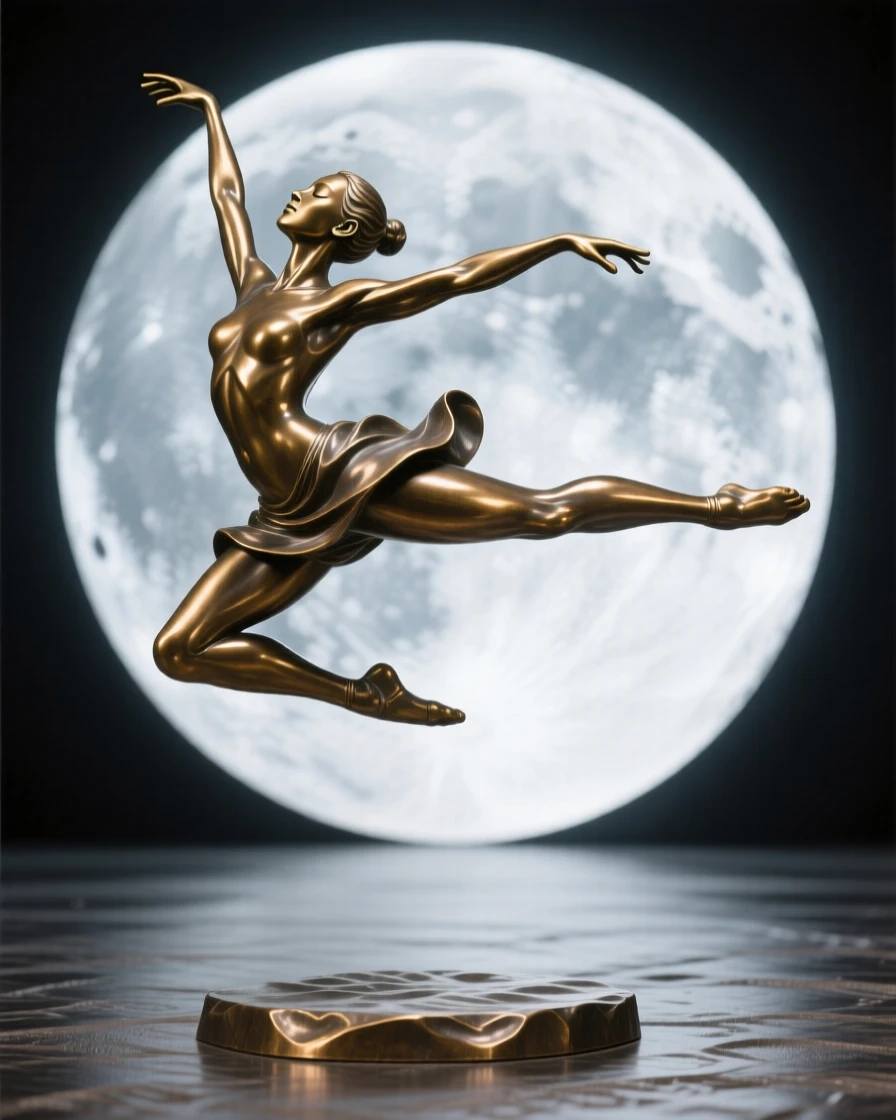A dancer leaping across a moonlit stage, with eyes closed in peaceful serenity, forming a strong central focal point
