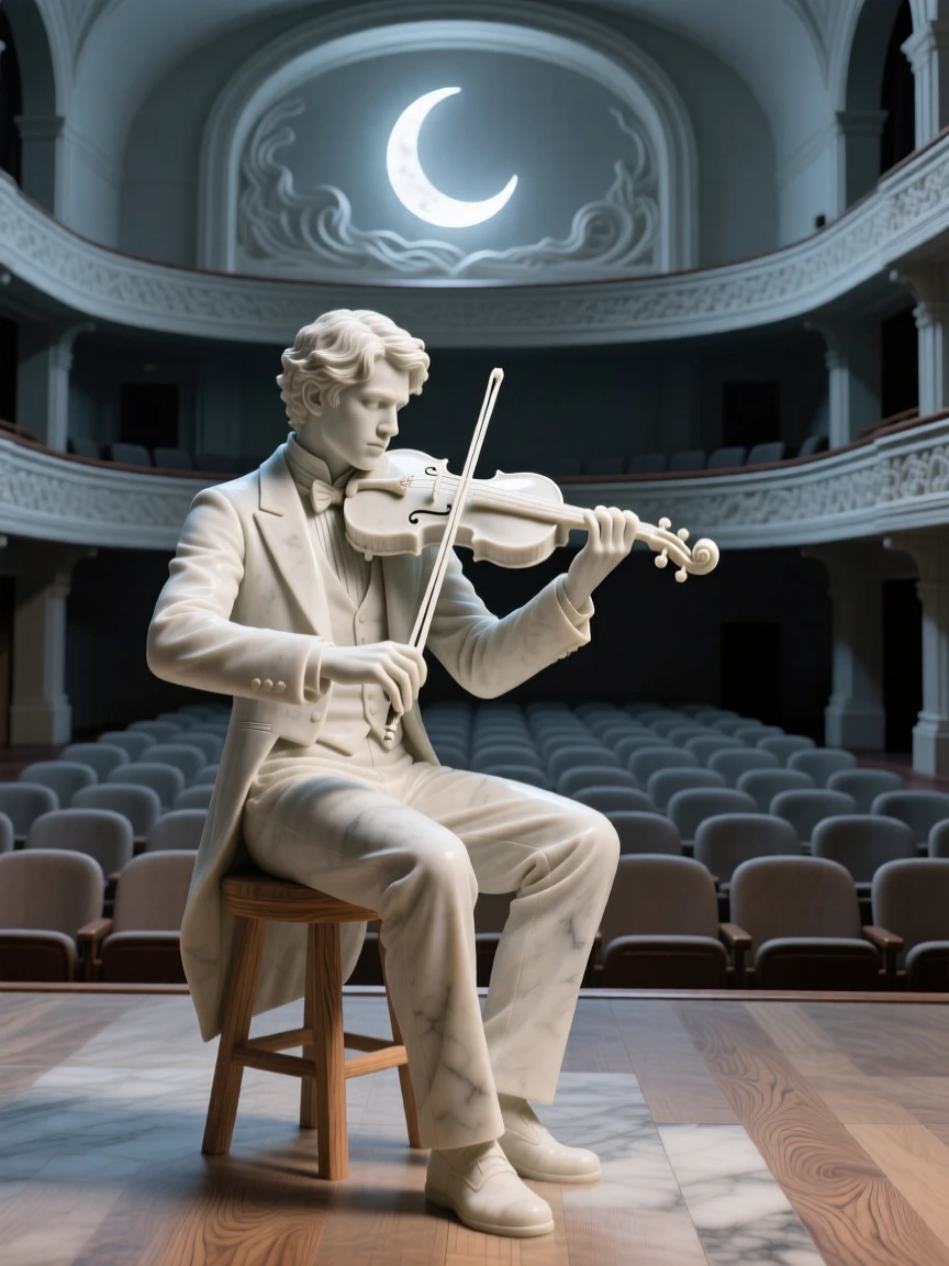 An evocative depiction of a violinist performing for an empty, moonlit theater, in a moment of quiet stillness, balancing detail with emotional depth