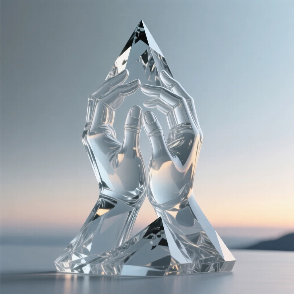 A mountain peak shaped like a pair of clasped hands beneath a horizon glowing with the first light of dawn