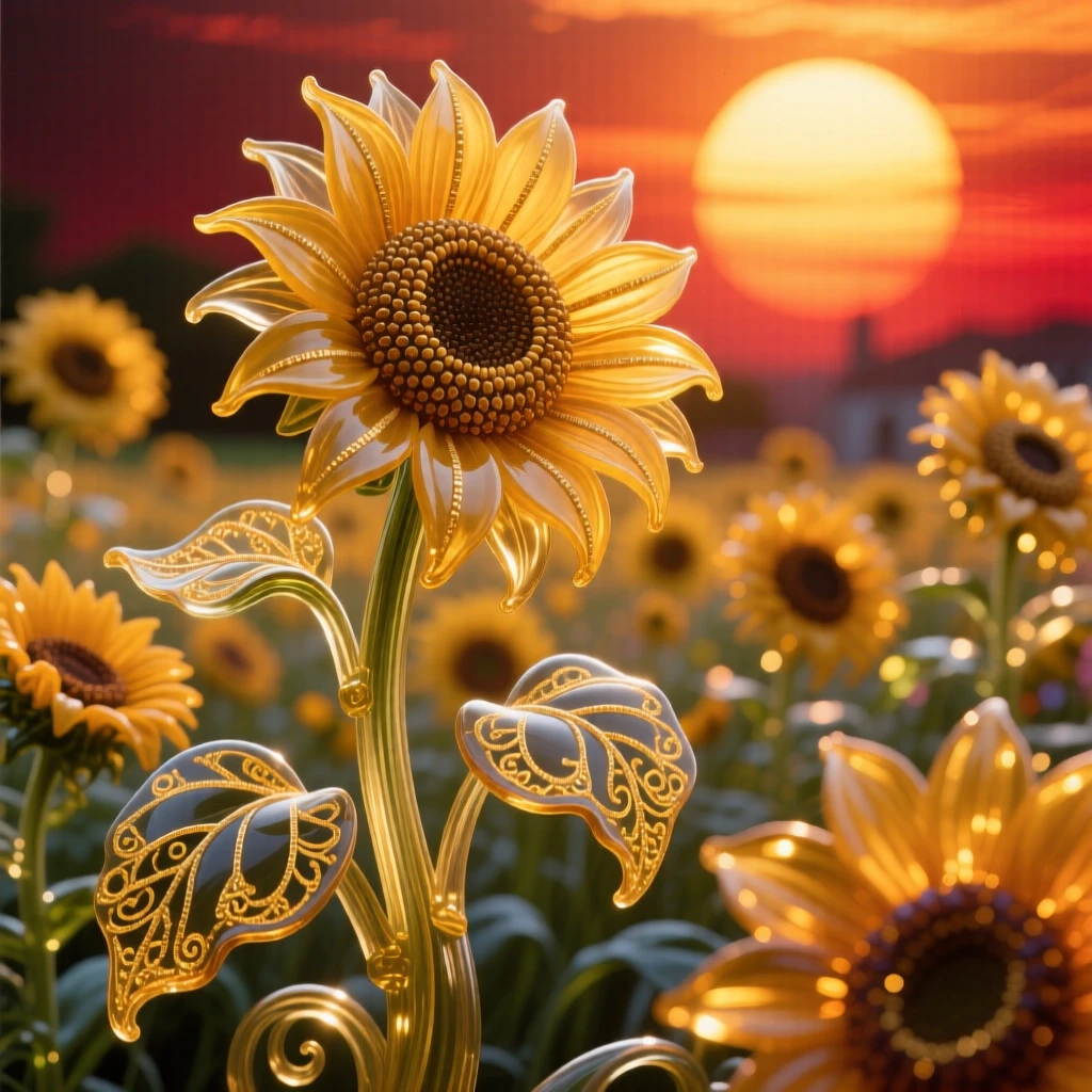 A field of blooming sunflowers glowing the richest gold beneath a setting midsummer sun, joyful and radiant.