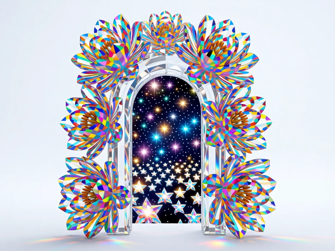 A surreal doorway of blooming peonies opening onto a field of stars.