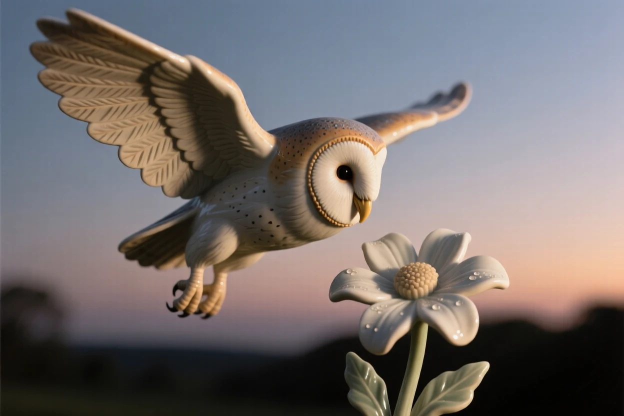 A barn owl gliding silently at dusk frozen mid-hover beside a bloom, with iridescent feathers catching the light, capturing a serene moment suspended in time.
