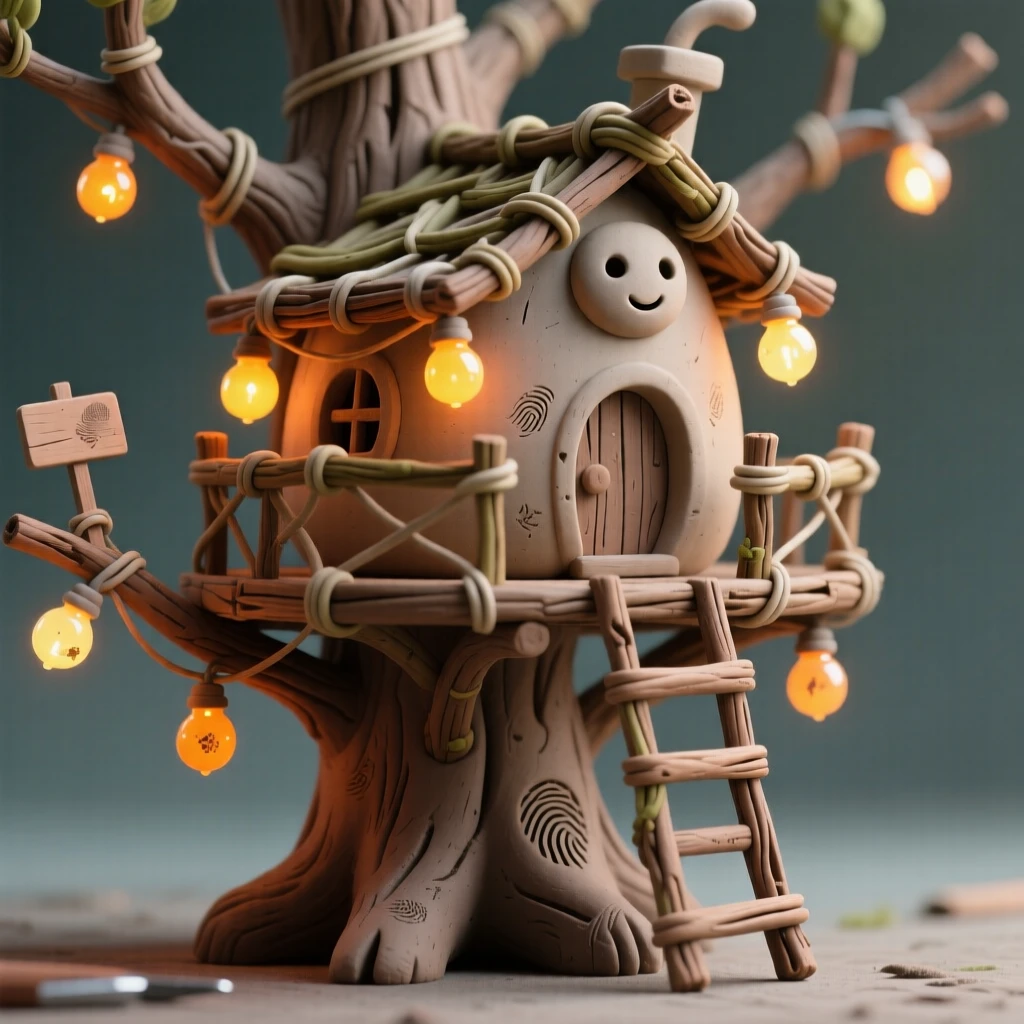 A treehouse woven entirely from willow branches and fairy lights