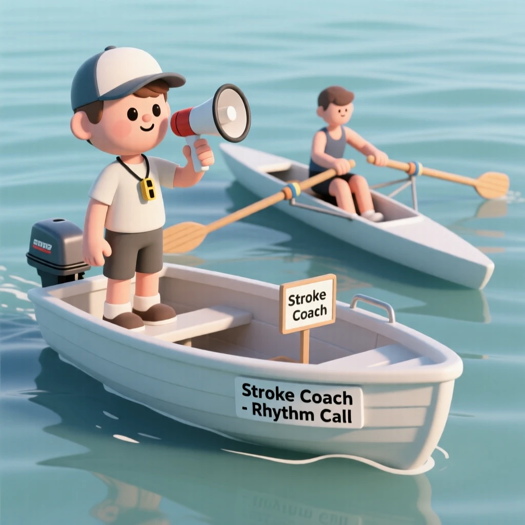 A determined young rower stroke coach calls out rhythm from a small motorboat alongside a racing scull.