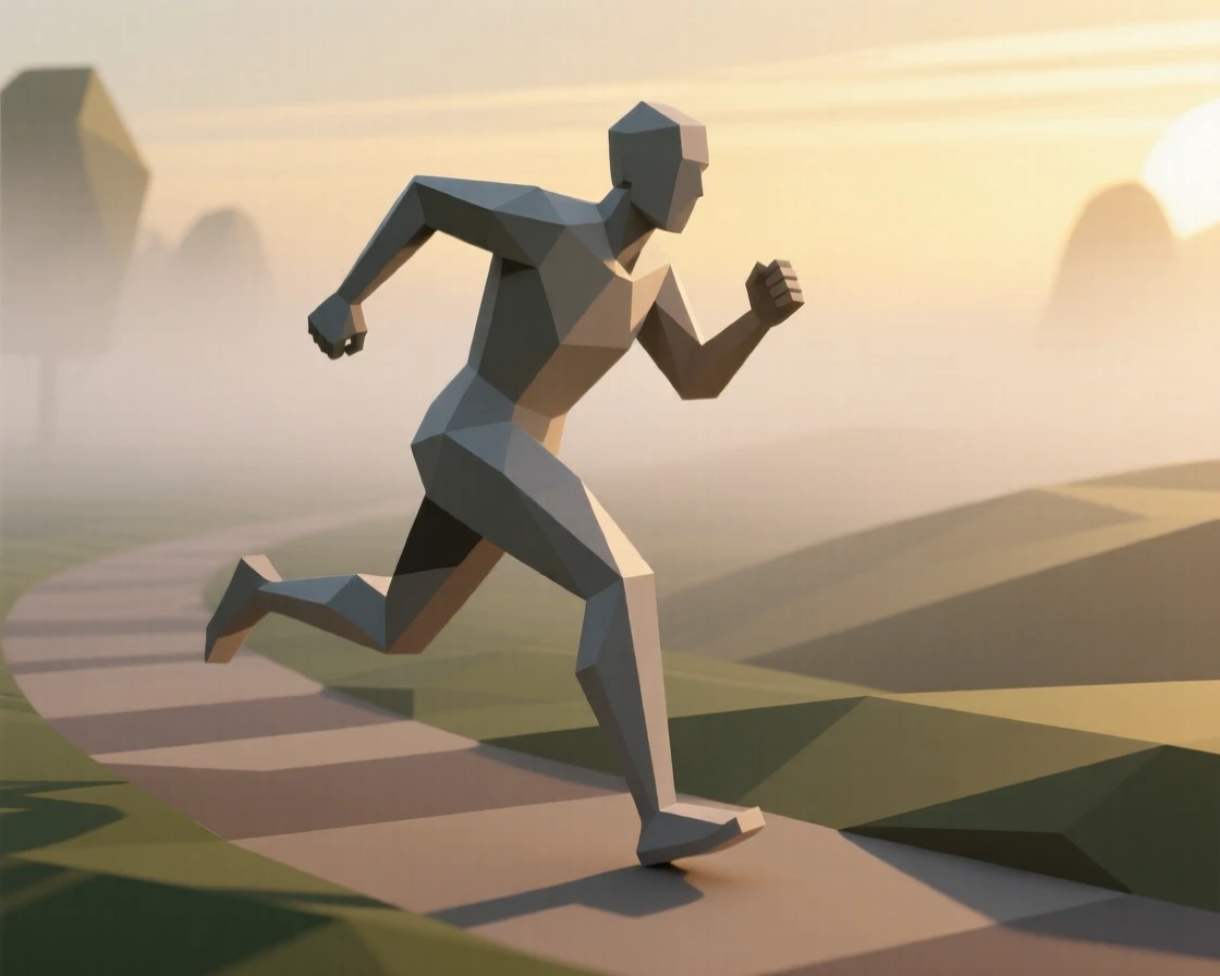 A runner sprinting through a misty morning trail, beneath a soft golden sunset. the framing emphasizes motion and energy. A wave of nostalgia fills the moment.