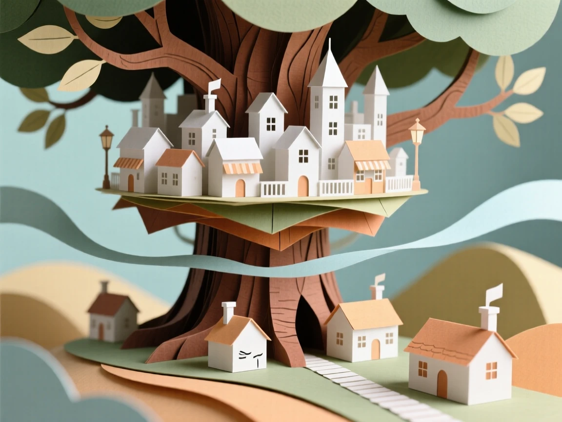 A city nestled within a massive tree drifting silently over a sleeping village, with gentle motion suggesting quiet magic, capturing whimsical, surreal beauty.