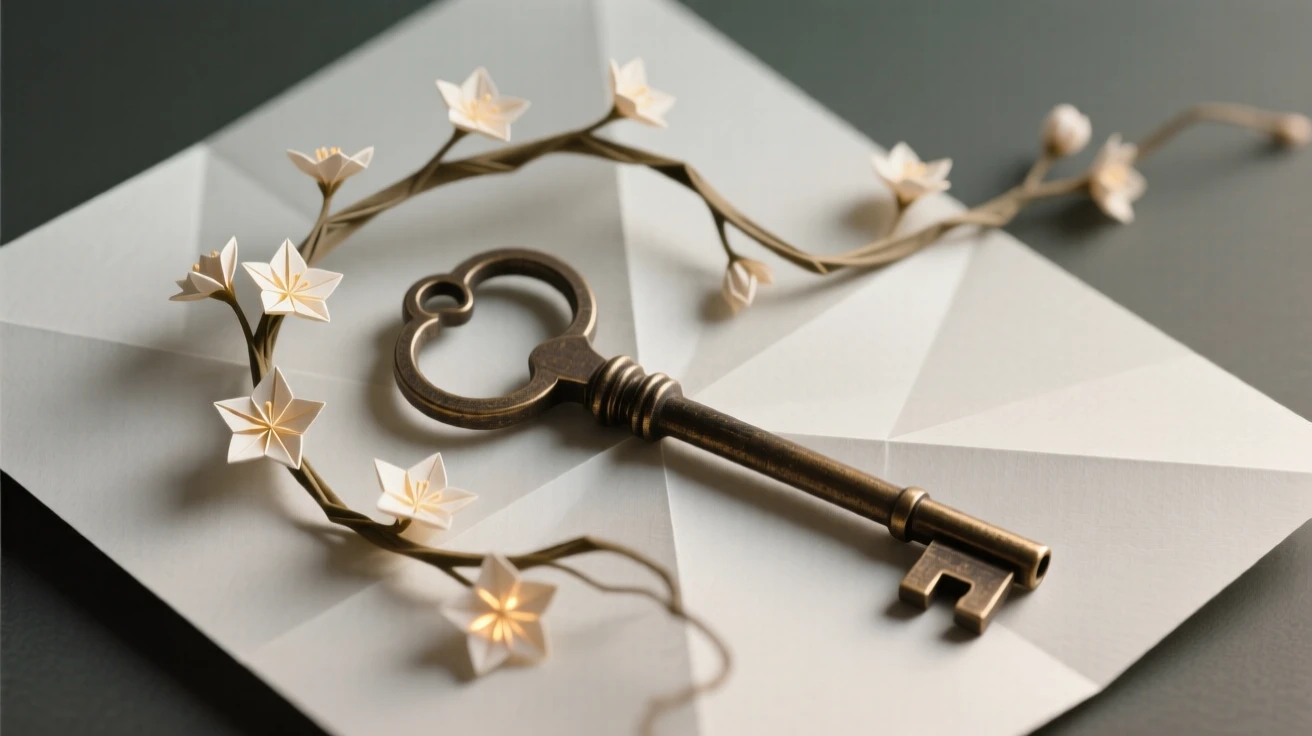 A single vine curling around an old key, blossoming with tiny glowing flowers.