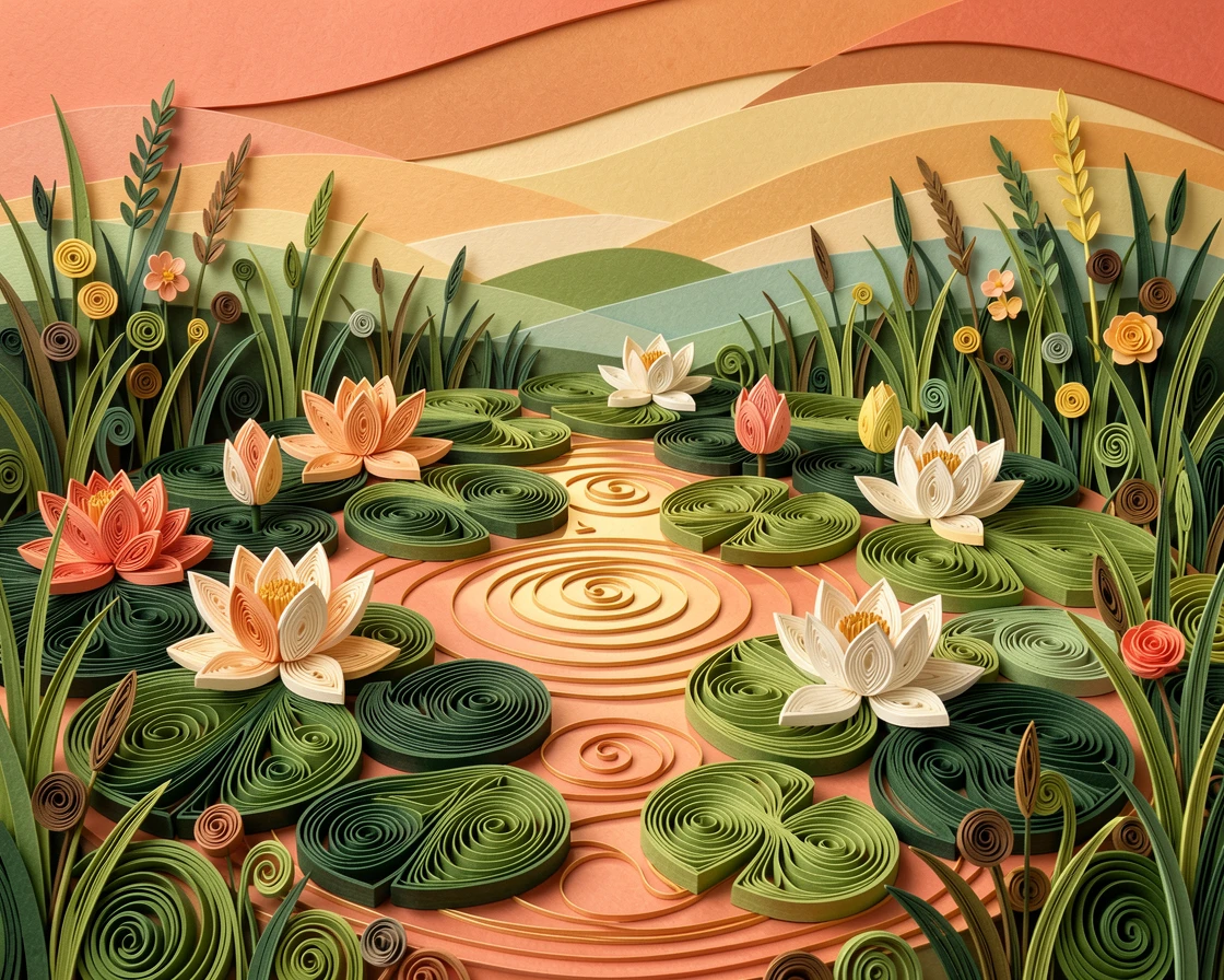 a still pond covered in lily pads and blossoms, in a quiet countryside meadow at sunrise, layered from foreground to background for depth, in a rich gradient of coral, gold, and green.