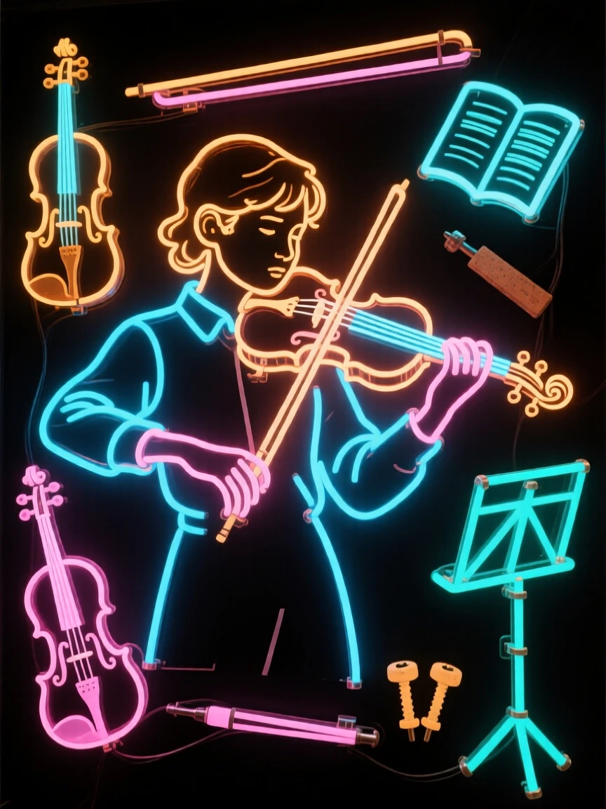A young violinist pausing thoughtfully while surrounded by the tools of their trade.