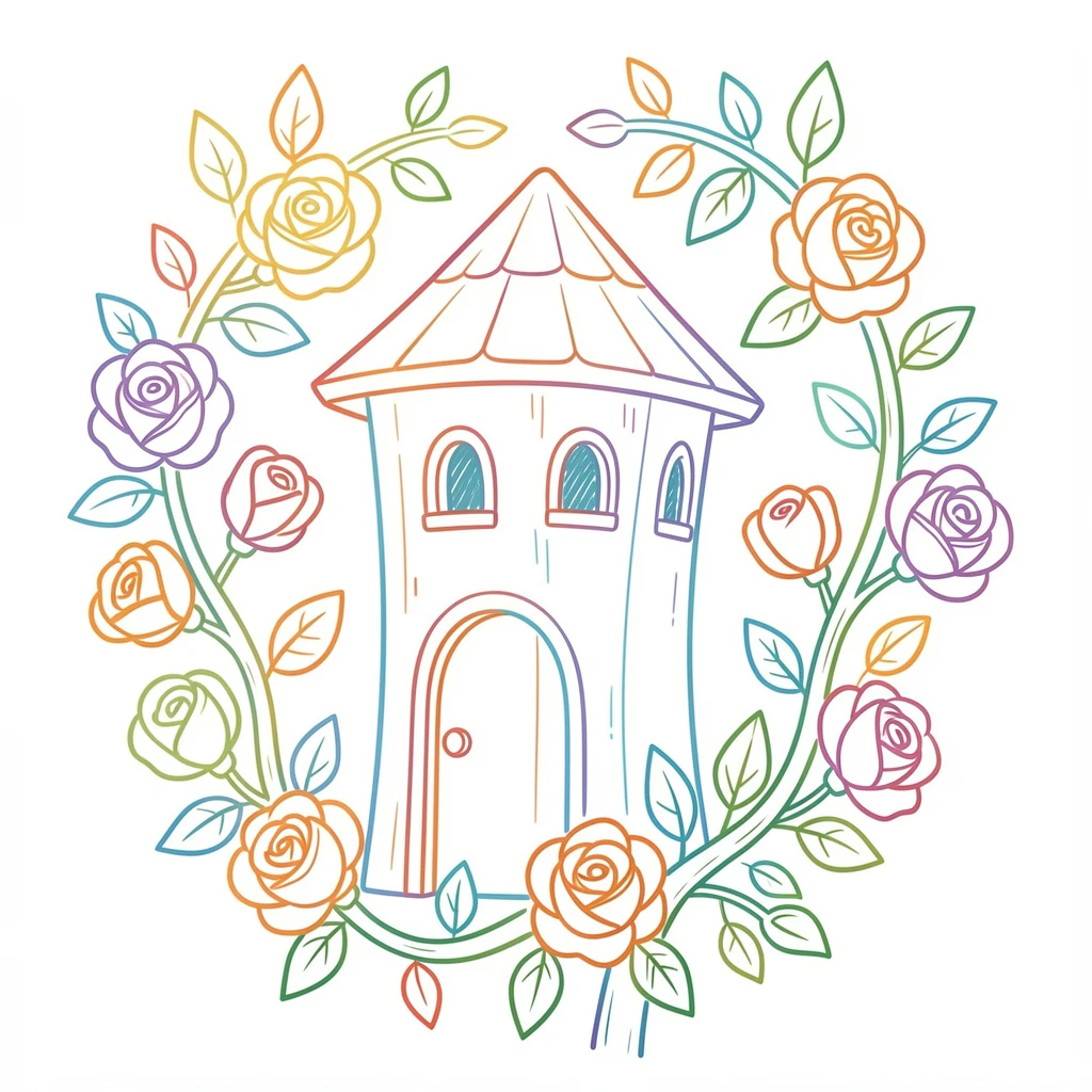 A quiet countryside dovecote surrounded by blooming climbing roses.