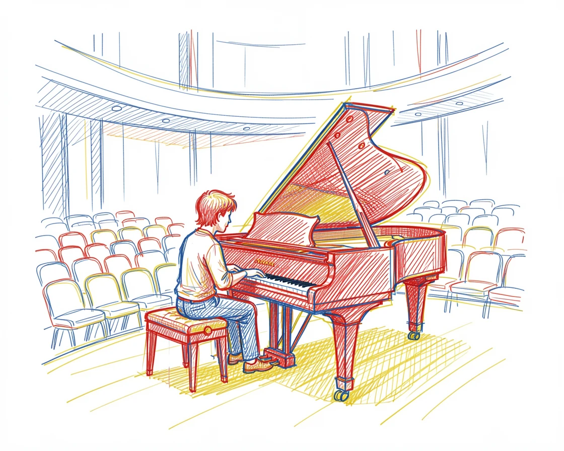 A grand piano being played passionately in an empty concert hall
