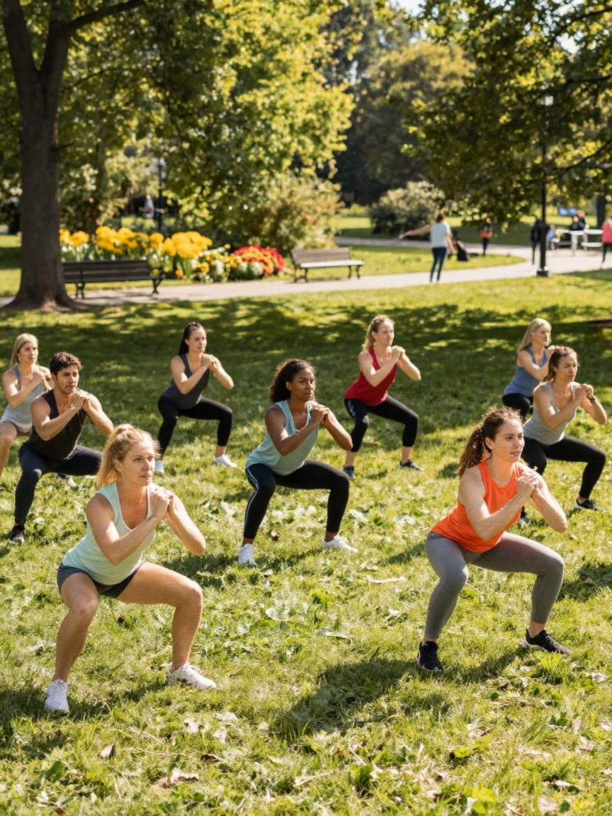 A group fitness class doing squats in a sunny park