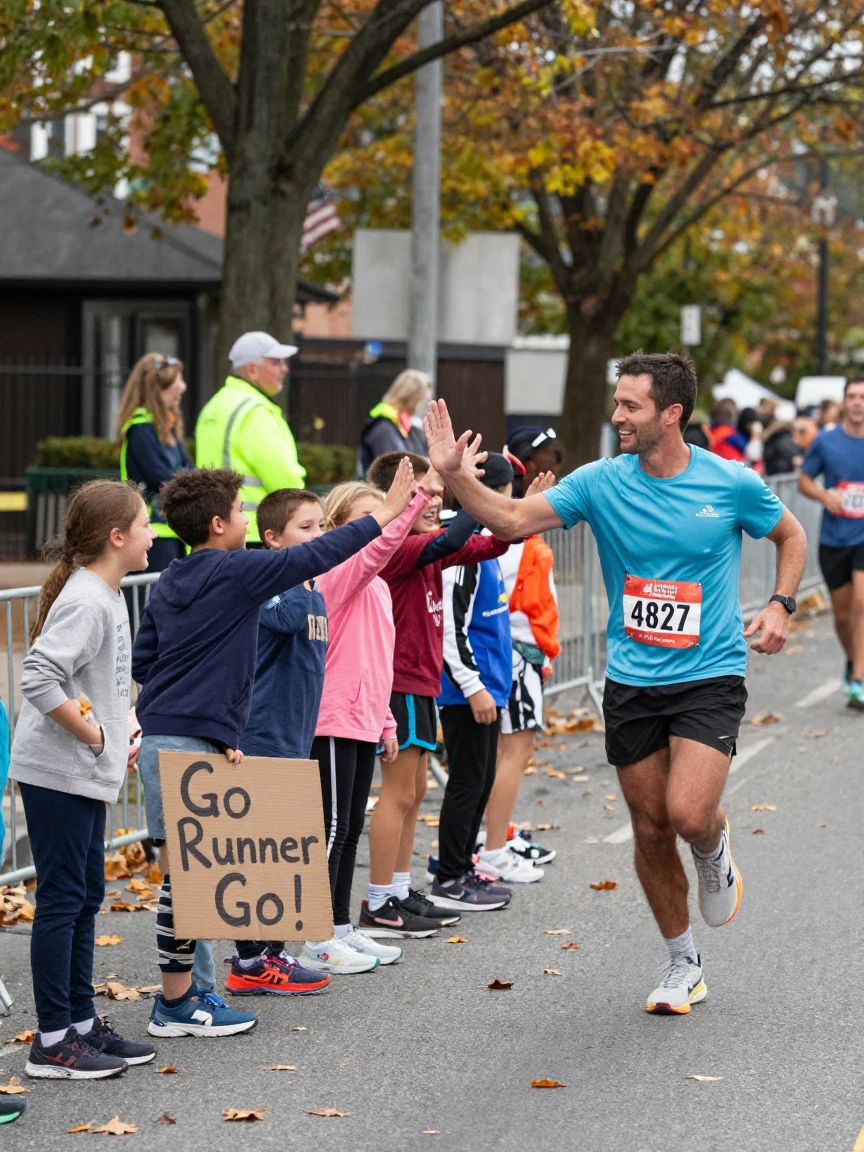 A marathon runner high-fives a line of children along the race route.