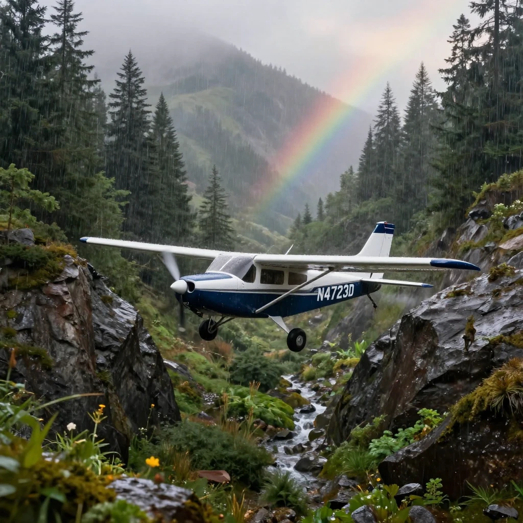 A small propeller airplane winding through a mountain valley during a gentle rain shower