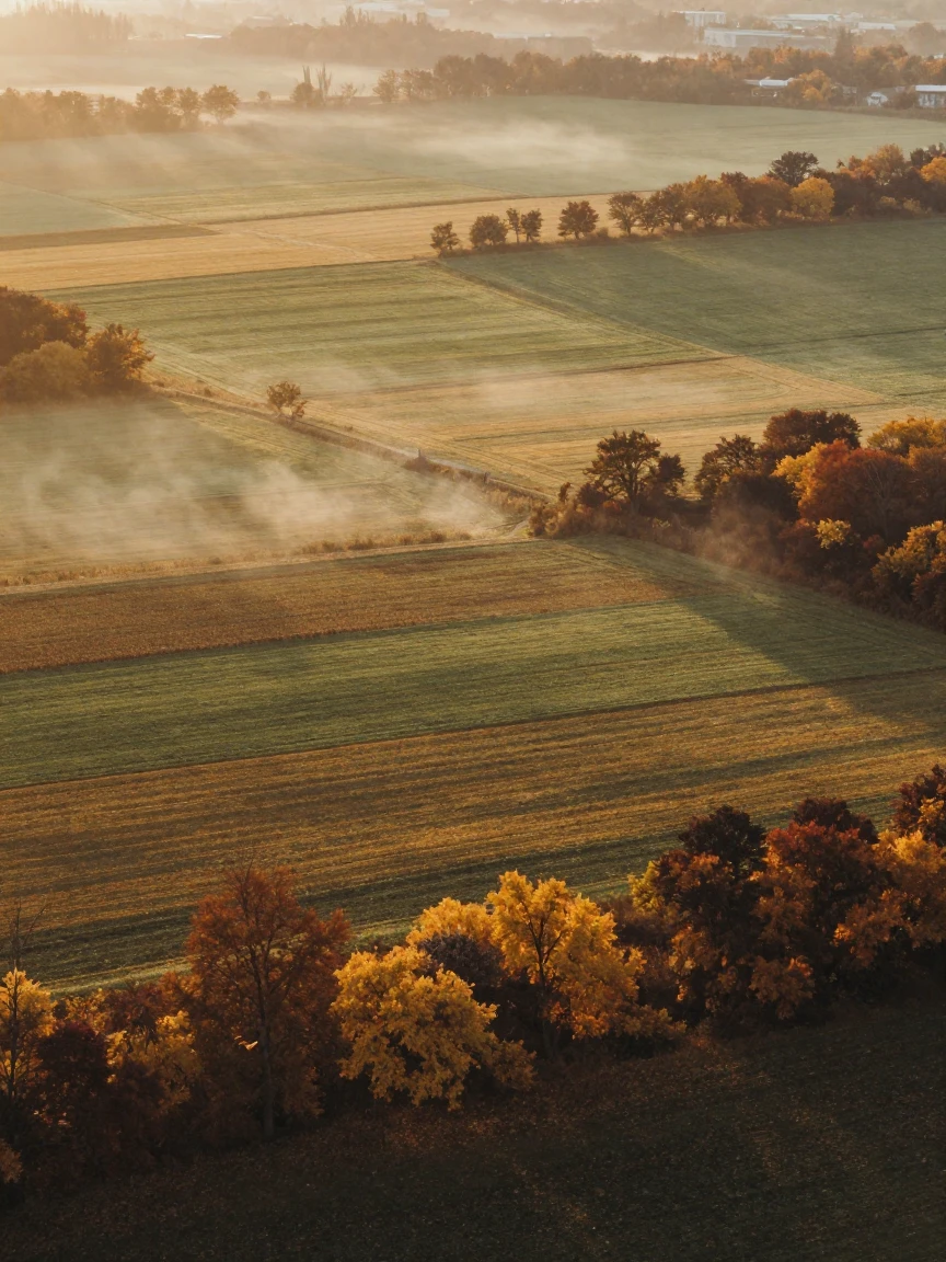 A patchwork of green and gold fields seen from a hillside, under moonlight, as mist rises off the ground, as autumn leaves turn gold and red, with a soft sepia-tinted glow, shot from directly overhead.