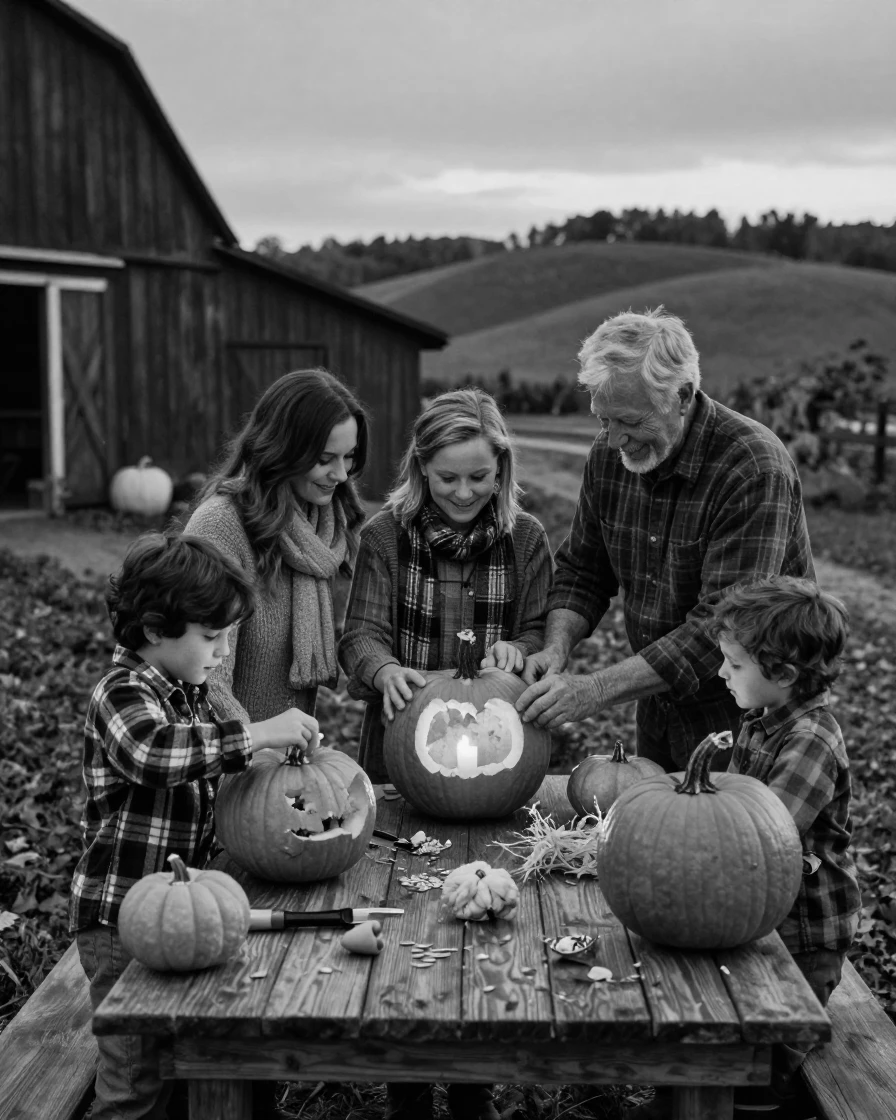 A family carving pumpkins gathers around a glowing lantern at a countryside farm.