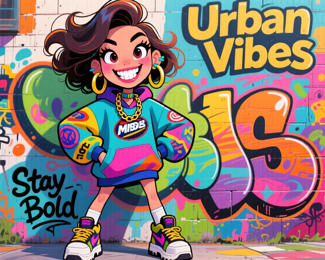 A woman posing in a bold streetwear outfit against a graffiti wall backdrop.