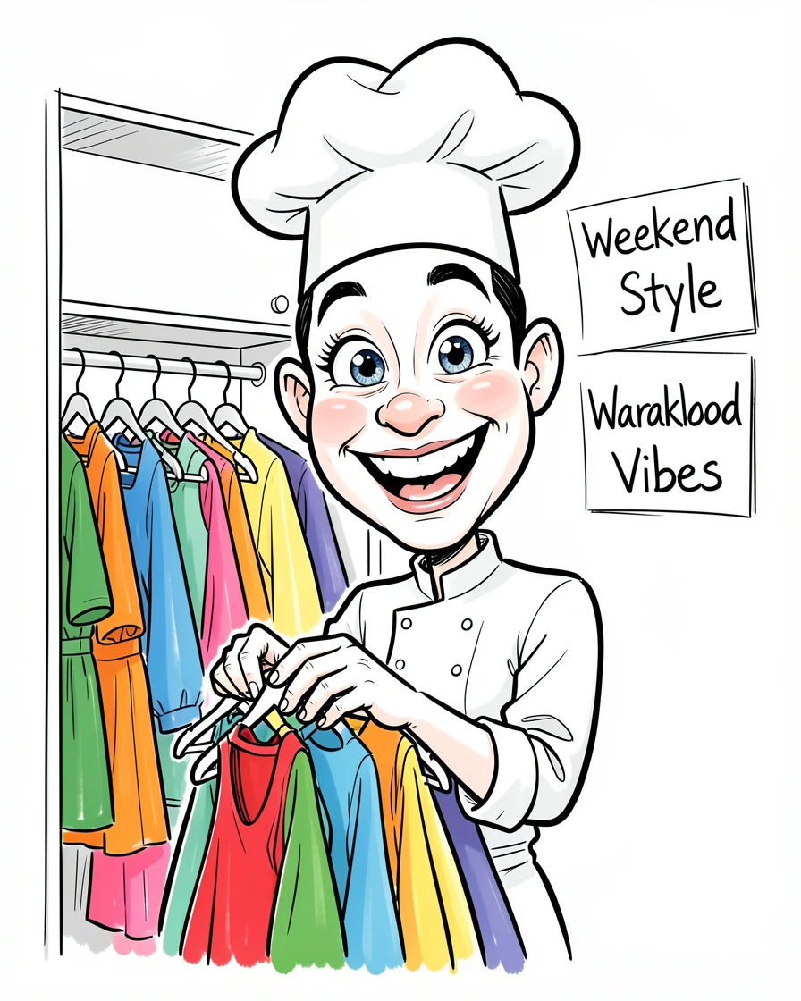 [Trending & Universal Topics] Modern lifestyle scene of a stylish weekend chef organizing a colorful capsule wardrobe, capturing everyday joy