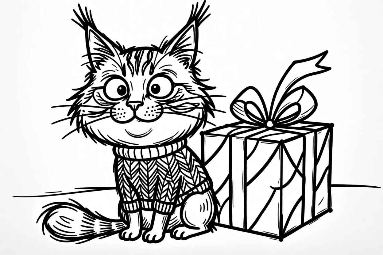 A maine coon cat wearing a knitted holiday sweater, sitting beside a wrapped present twice its size.