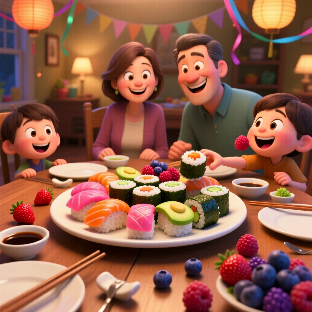 A plate of colorful sushi rolls sits at a family dinner table set for a celebration, surrounded by scattered fresh berries. The mood is festive and appetizing.