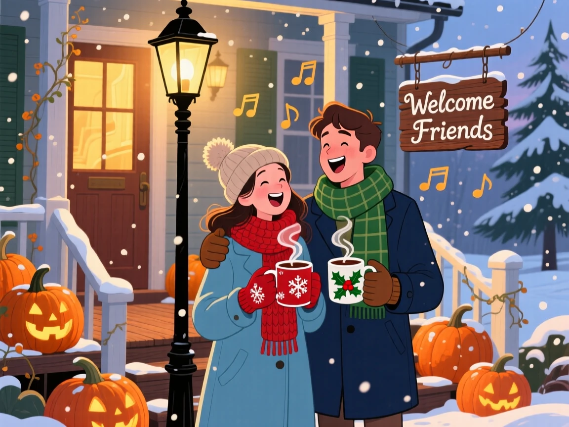 In a pumpkin-lined front porch, a young couple celebrate together by singing carols beneath a lamppost in falling snow, while warm cocoa steams in every hand.