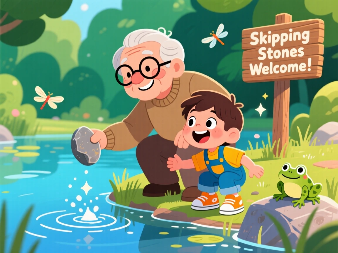 A grandparent teaching a grandchild to skip a stone across a pond.