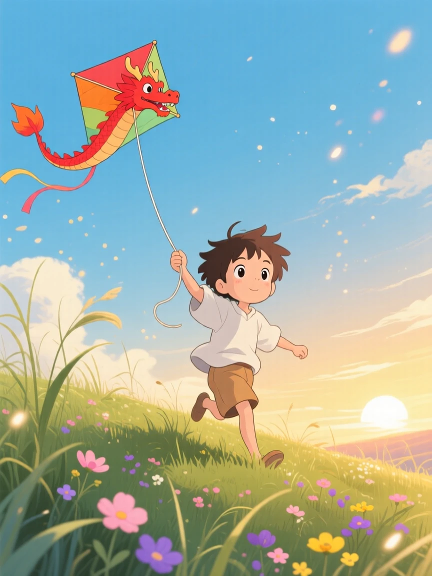 A boy flying a kite on a windy hilltop, the moment bursting with curiosity.