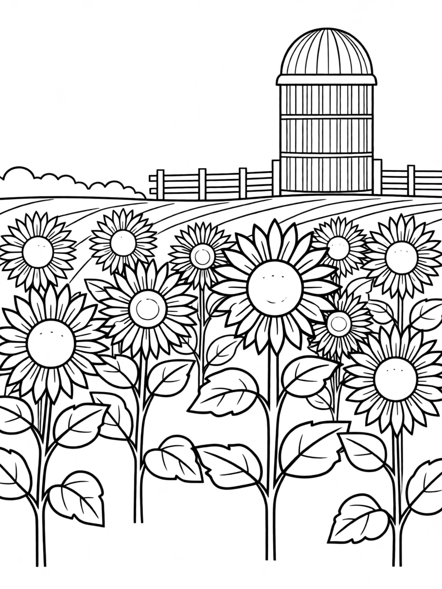 A field of sunflowers on a farm with a red silo nearby