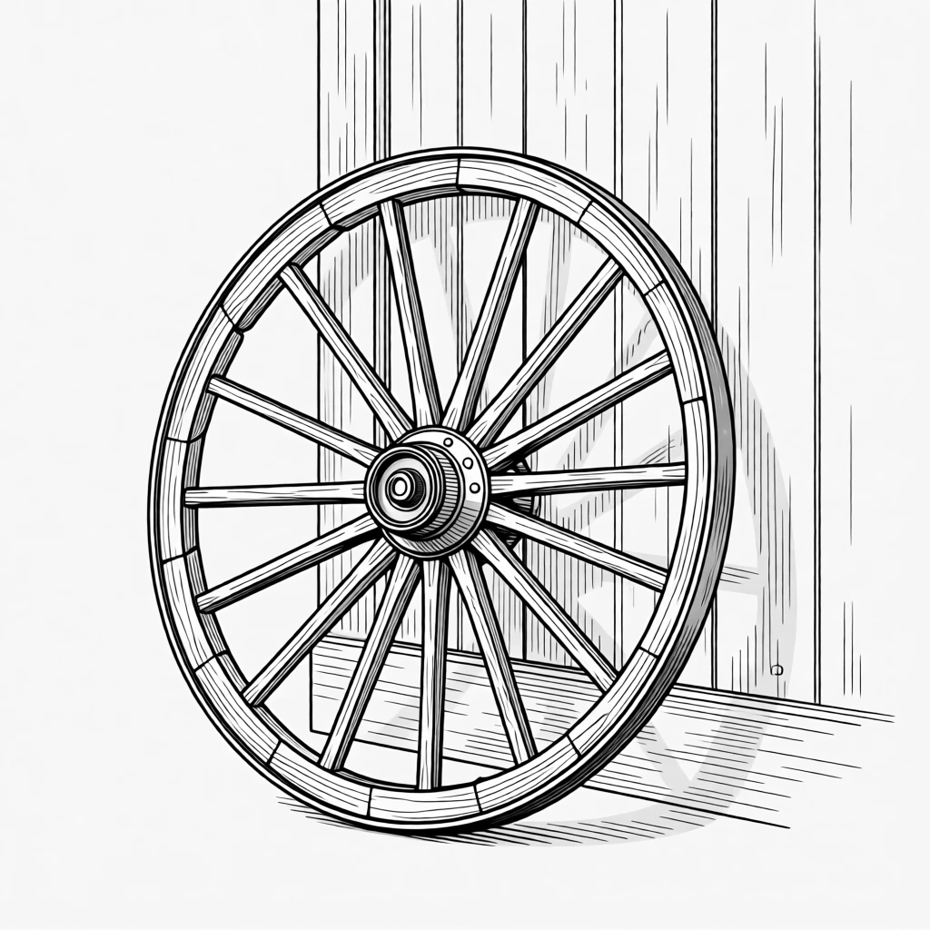 A rustic wagon wheel leaning against a barn wall