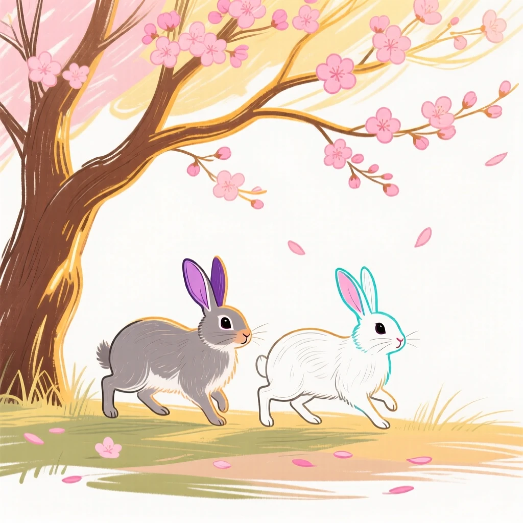A pair of rabbits wandering under a blossoming tree during golden hour.