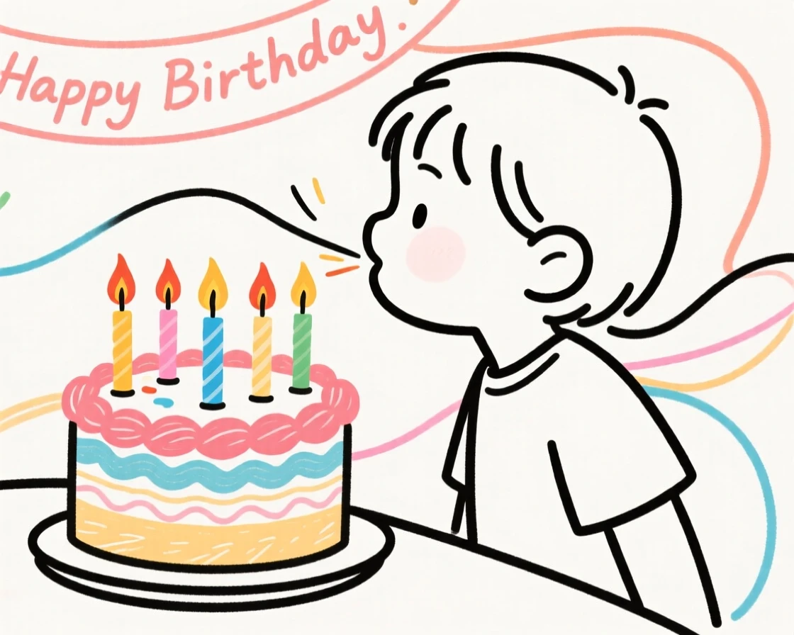 A child blowing out candles on a colorful birthday cake.