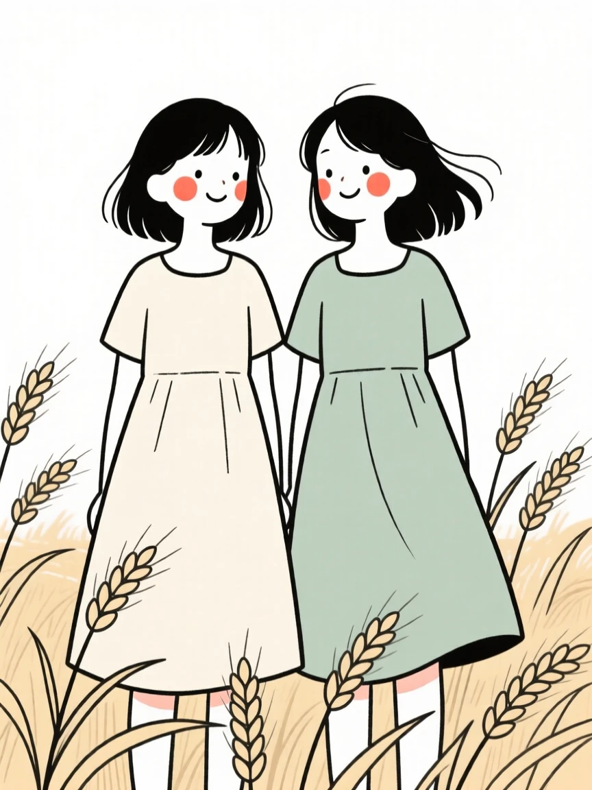 Twin sisters in a casual sundress, bursting with excitement, in a wheat field at harvest.
