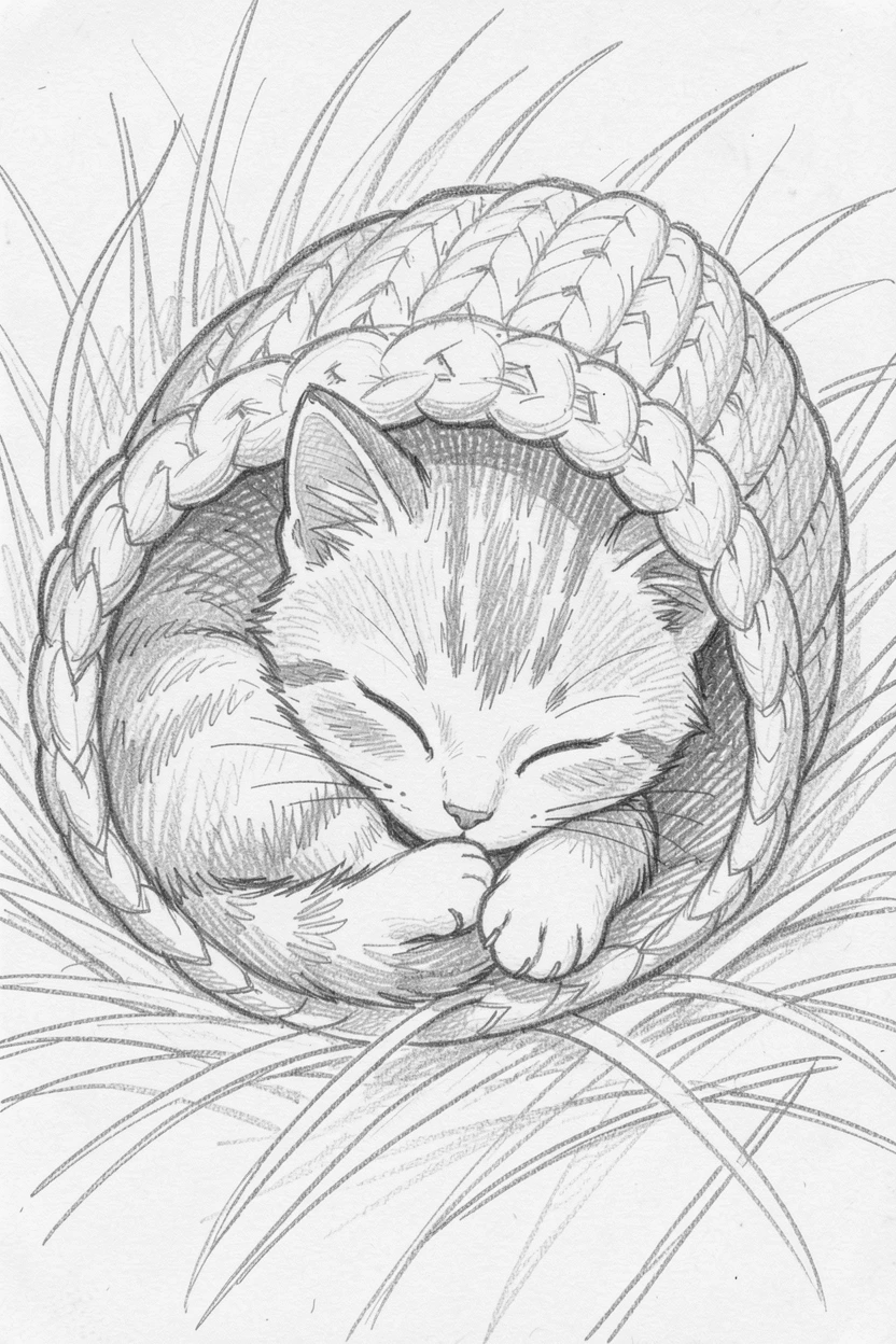 A charming close-up of a kitten napping inside a cozy knitted hat in a nest of soft hay, with tiny paws tucked in close.