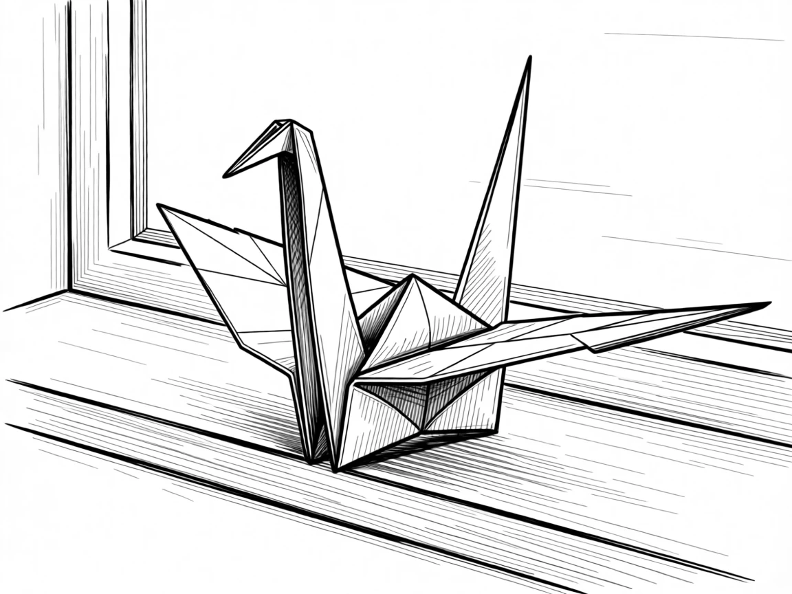 A single paper crane resting delicately on a windowsill.