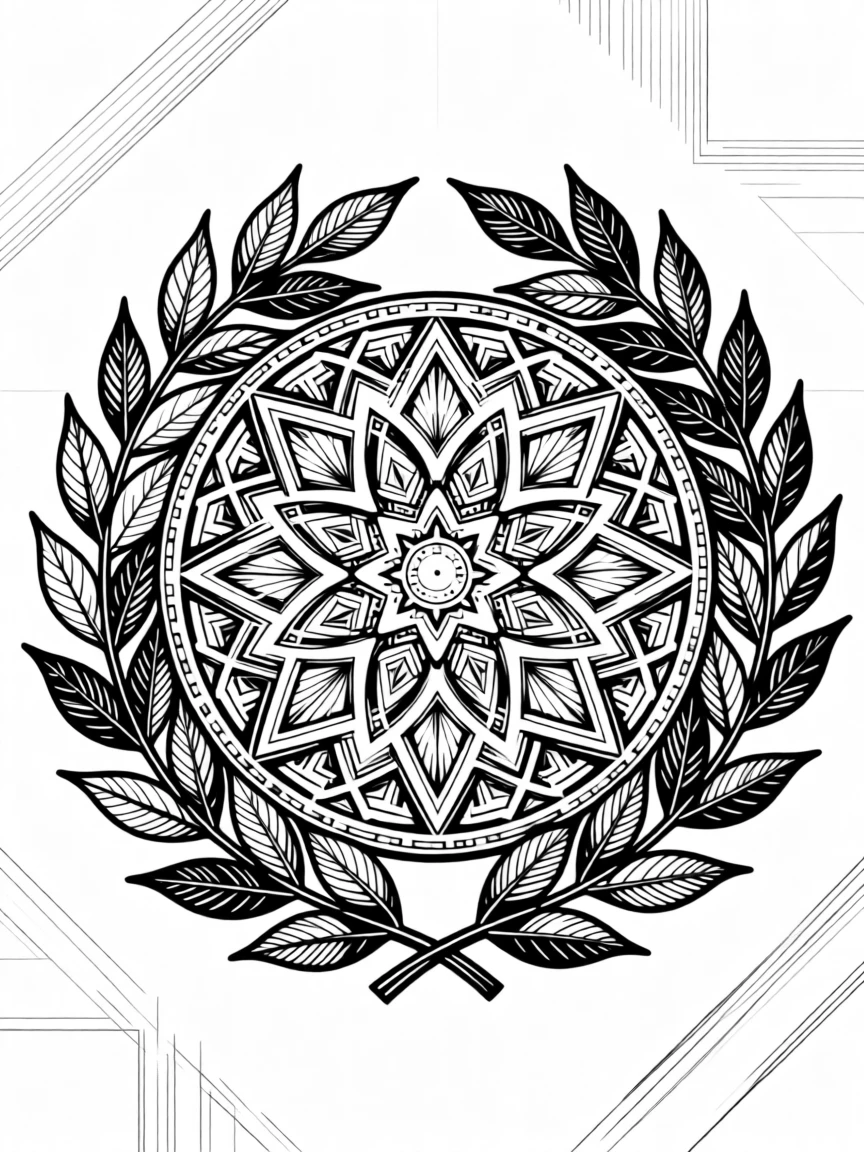 A decorative medallion framed by laurel branches composed with careful geometric precision, with fine linework tracing every curve and edge, forming a harmoniously balanced decorative composition.