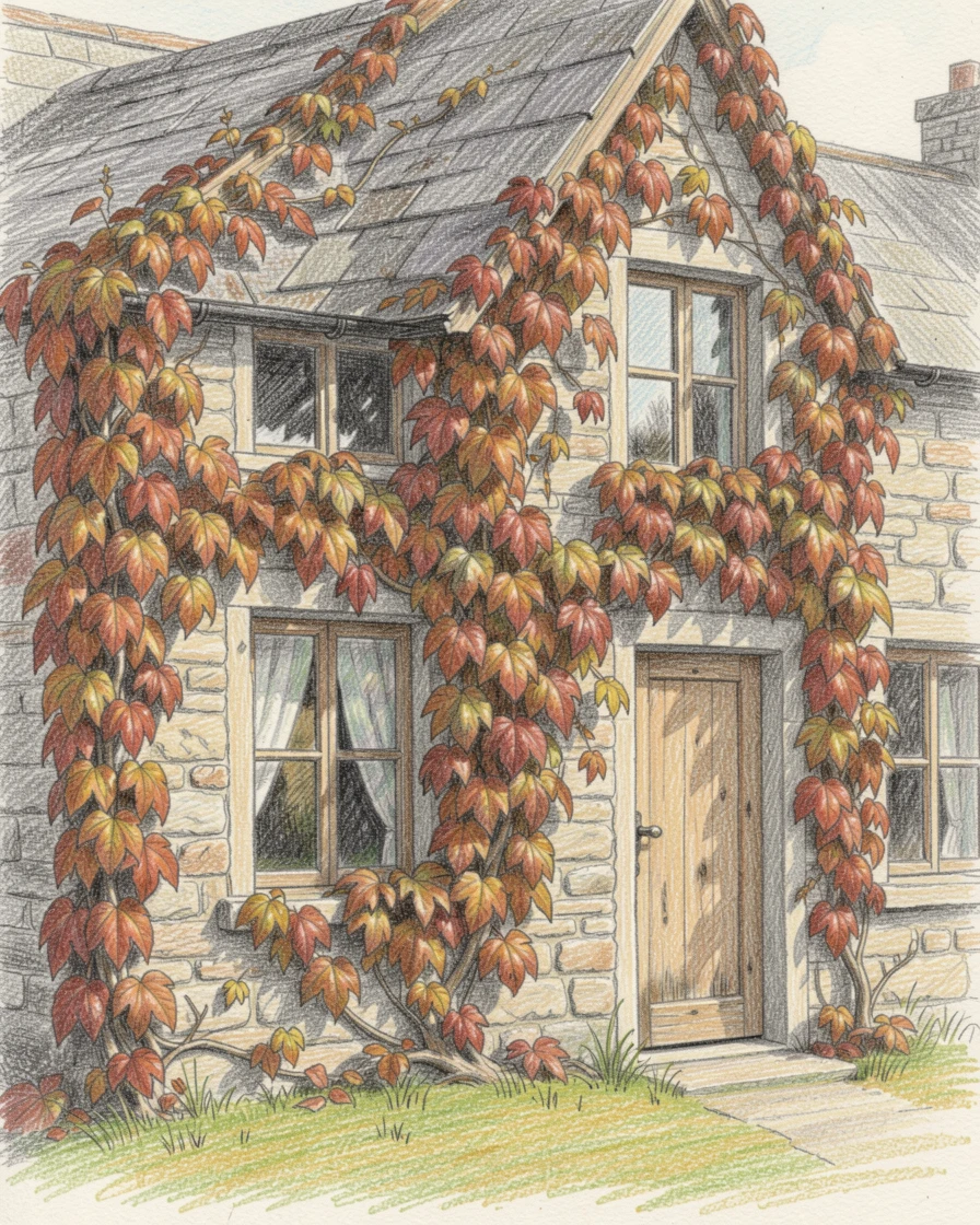 A rural stone farmhouse wrapped in climbing autumn ivy, with soft, natural light bringing warmth to every detail, celebrating a moment people would love to revisit.