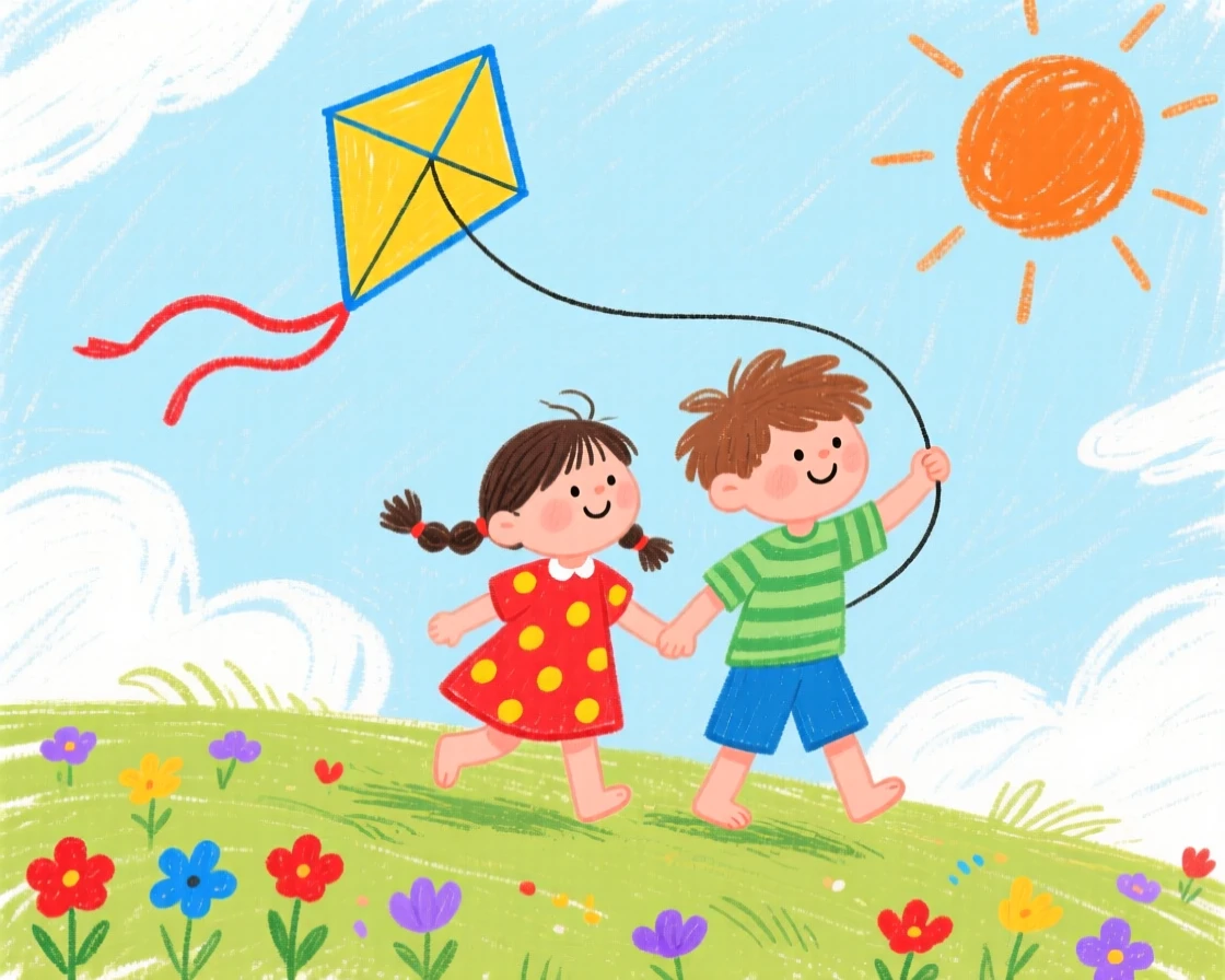 Two best friends flying a kite together on a breezy hilltop.