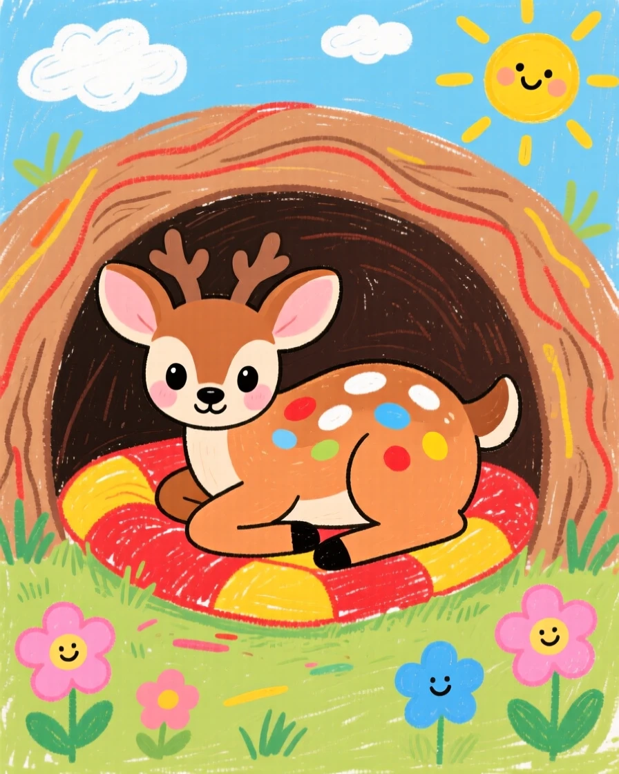 A spotted fawn snuggled inside a cozy burrow.