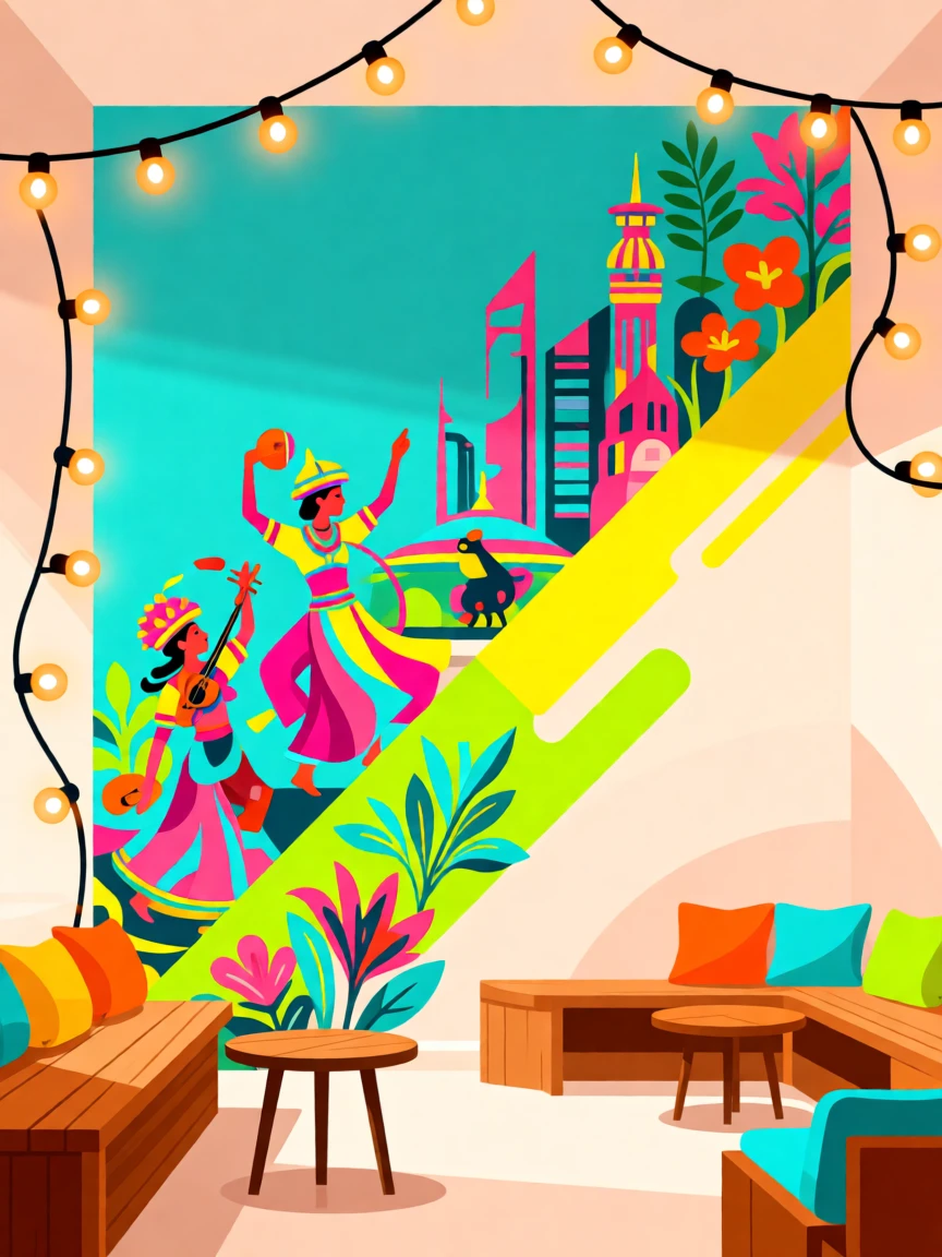 A vibrant community mural celebrating local culture, surrounded by warm string lights and cozy seating, composed with playful diagonal energy, with vibrant, trendy colors that feel fresh and current.
