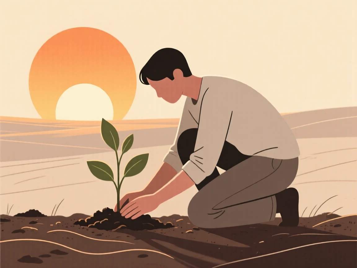 A person planting a tree sapling as the sun rises behind them.